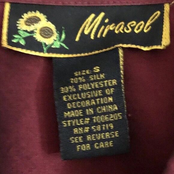 Mirasol Silk Embroidered Blouse Womens Size S VTG Burgundy Boho Embellished - Picture 4 of 16